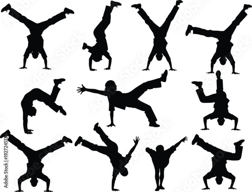 Breakdance silhouette set showing hip hop dancers performing dynamic moves, energetic street dance poses in minimalist black vector illustration isolated on white background