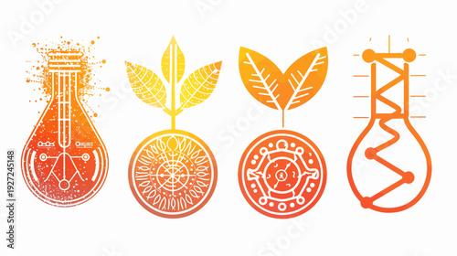 Four stylized illustrations, each in orange, depicting beakers with geometric elements and plant-like symbols