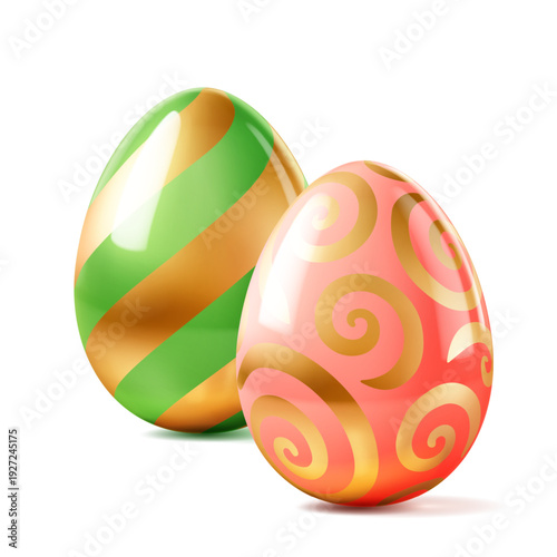 Easter illustration with shiny green, gold, and pink eggs on white background with soft shadows.