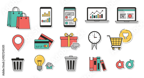 Collection of various shopping and business related icons and symbols.