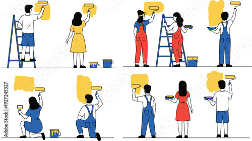 People painting wall with roller brush, home renovation concept illustration set, men women decorating interior apartment vector