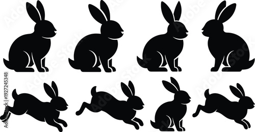 Rabbit silhouette set showing sitting and jumping poses, cute bunny animal shapes in minimalist black vector illustration isolated on white background for nature design use