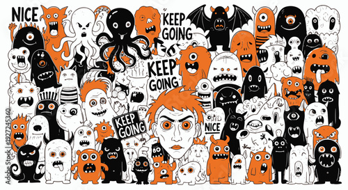 Intense orangehaired person surrounded by various cartoonish monsters and creatures.