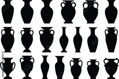 Antique vase silhouette set featuring classic pottery shapes and decorative urns, elegant black vector illustration isolated on white background for vintage art and design use