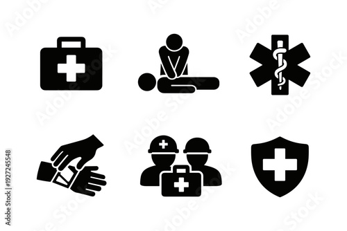 First aid, medical assistance, healthcare, and emergency care, solid black icon set vector illustration
