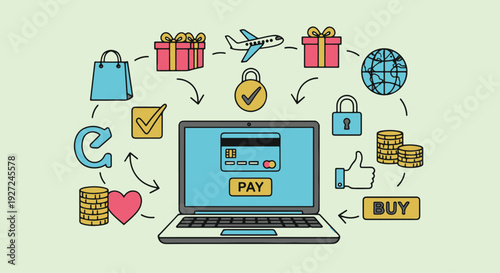 Online shopping concept with laptop credit card and related icons.