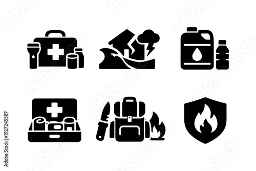 Emergency kit, survival equipment, disaster preparedness, and fire safety, solid black icon set vector illustration