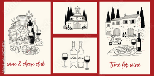 Wine and cheese club illustration set, vintage vineyard house bottles glasses barrel Italian winery themed vector collection