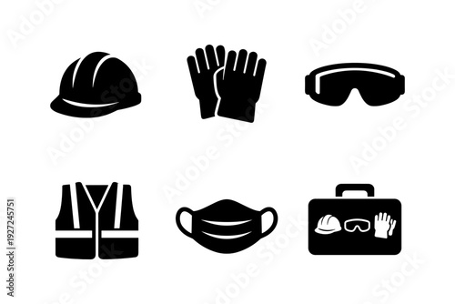Work safety gear, protective equipment, and personal protective items, solid black icon set vector illustration