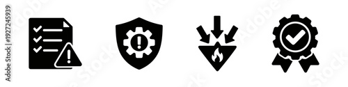 Safety regulations, hazard protection, and quality control, solid black icon set vector illustration