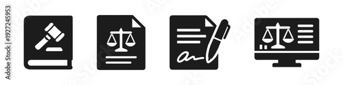 Law and legal documents, justice system, and court proceedings, solid black icon set vector illustration