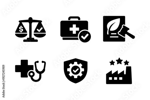 Legal Compliance, Health & Safety, Industrial Regulation, Business Protection, Solid Black Icon Set Vector Illustration