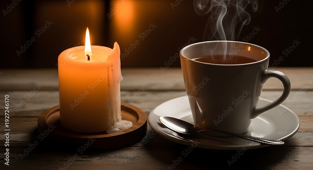 Fototapeta premium Steaming Coffee Cup with Lit Candle.