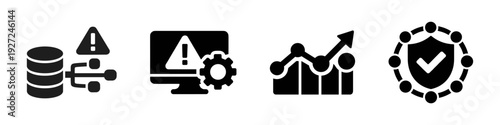Network Error, System Alert, Business Growth, Security Check, Solid Black Icon Set Vector Illustration