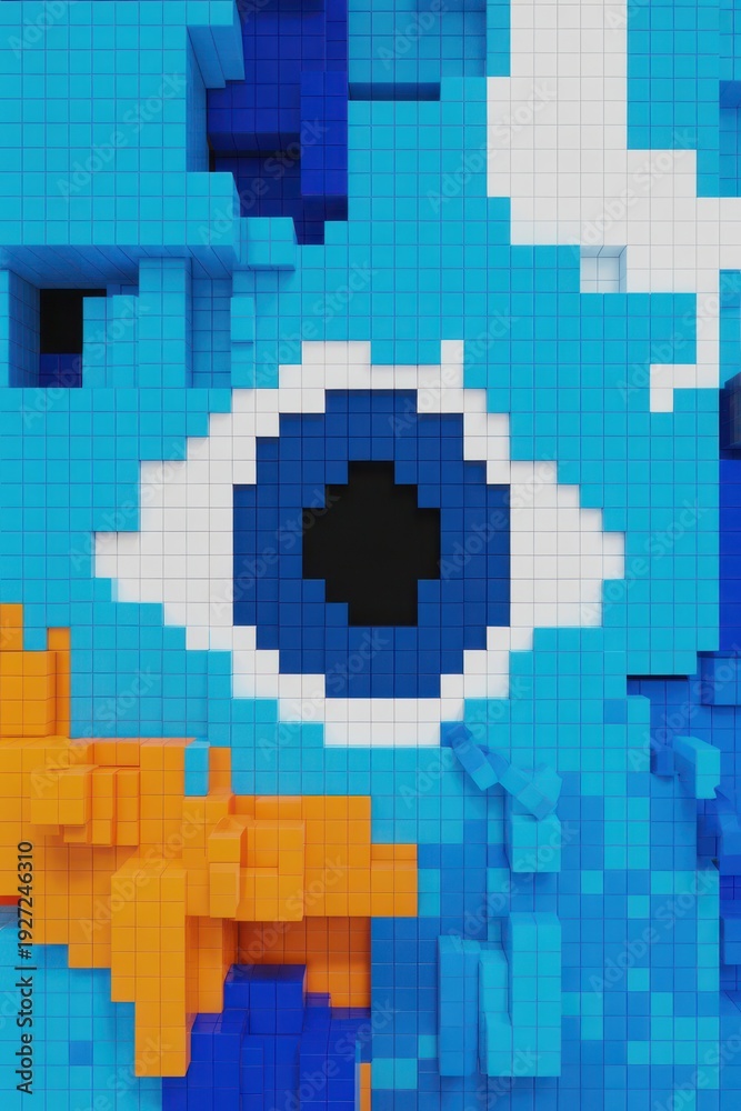 Fototapeta premium Pixelated Blue Eye with Orange and Blue Blocks pixel art