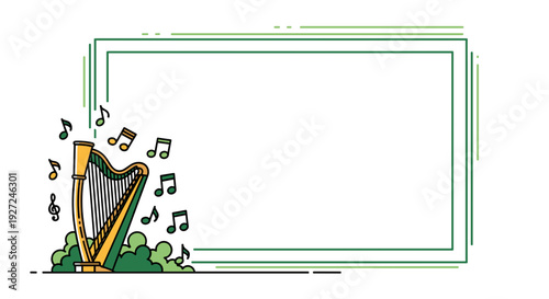 Elegant harp with musical notes on a scenic background for music