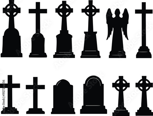 Gravestone silhouette set illustration showing cemetery crosses angel statue and tombstones in different styles isolated on white background memorial funeral religion vector collection