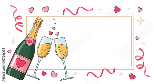 Celebration of love with champagne glasses and romantic decorations