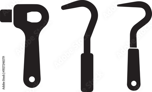Set of three black silhouette tools: wrench, hook, and hook on white background
