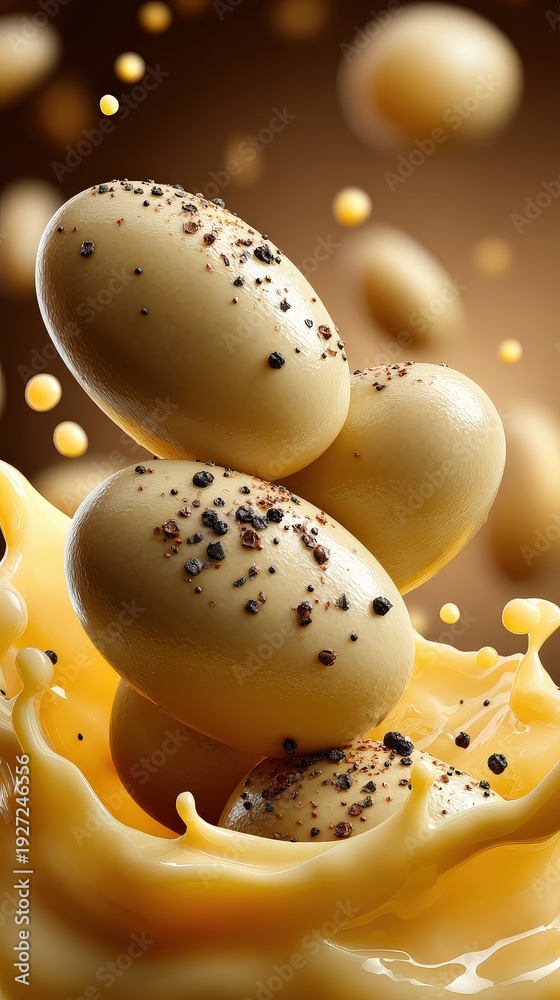 Obraz premium Gourmet Eggs Splashing in Creamy Sauce with Black Peppercorns