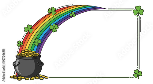 Colorful rainbow emerging from pot of gold with shamrocks