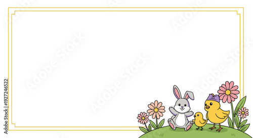 Cute cartoon bunny and chick sitting among colorful flowers on green grass
