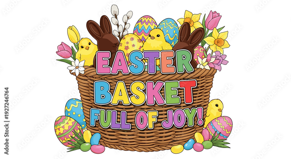 Fototapeta premium Colorful easter basket filled with decorated eggs and spring flowers