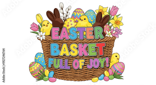 Colorful easter basket filled with decorated eggs and spring flowers