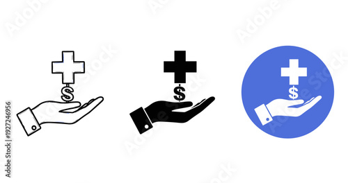 Healthcare cost symbol with hand and medical cross in black, white, and blue circle designs