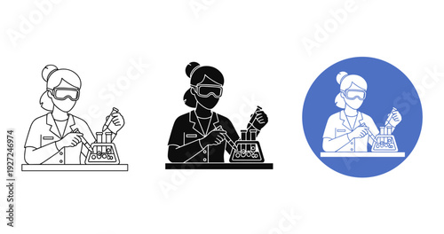 Female scientist icon set: asian woman conducting experiment in lab