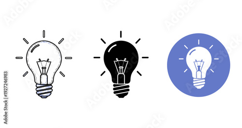 Set of three light bulb icons in line, solid, and circle styles