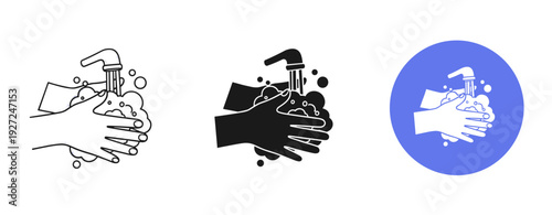 Handwashing icons set: black, white, blue graphics illustrating sanitization