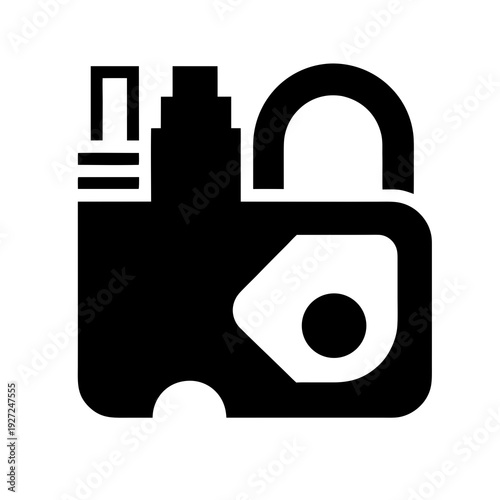 A black and white icon of a camera with a padlock