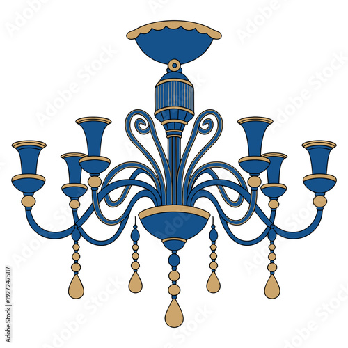 A blue and gold chandelier with five lights