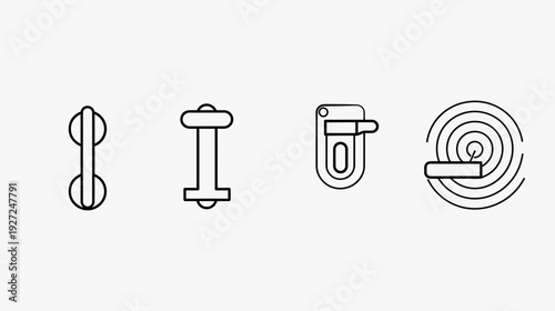 Four black and white line drawings of various shapes and objects. Minimalist design