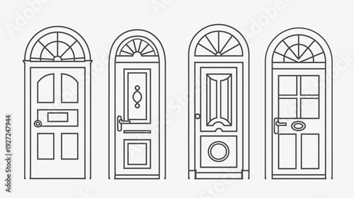 Four stylized architectural front doors in a row, with varied panel designs and arched top windows