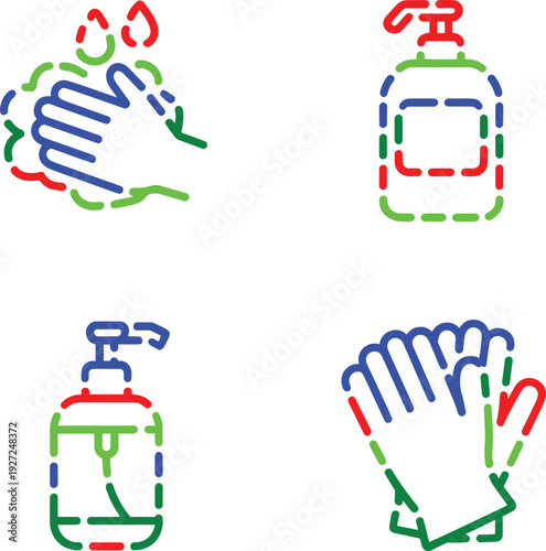 Hygiene icons set with washing hands, hand sanitizer bottle, and protective gloves