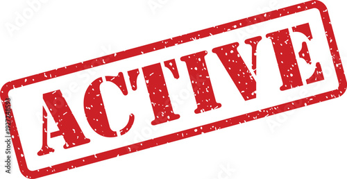 A textured red rectangular stamp displays the bold capital word ACTIVE on a clean white surface
