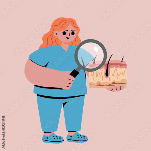 Vector illustration of a dermatologist examining skin anatomy layers with a magnifying glass, perfect for skincare, medical education, and beauty concepts