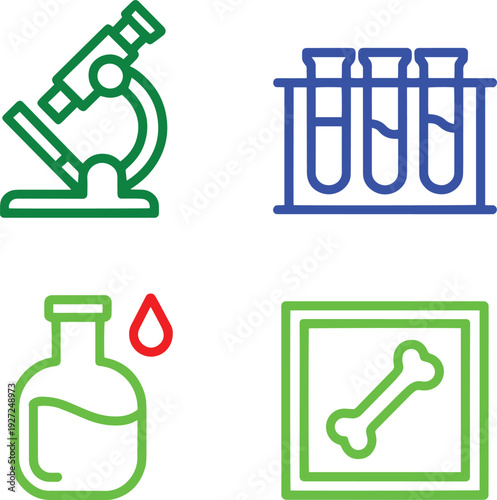 Medical laboratory research icons featuring microscope test tubes flask and xray image