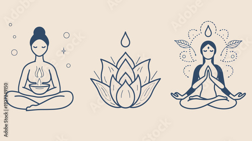 Meditative illustrations of a woman, a lotus flower, and another woman, all in an abstract style