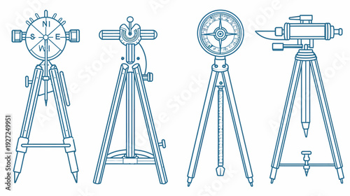 Four stylized line drawings of surveying instruments on tripods with varying designs