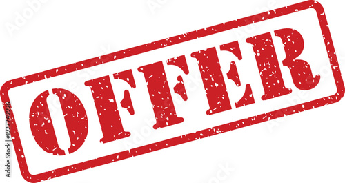 A vibrant red rectangular rubber stamp displays the bold word OFFER on a crisp white backdrop