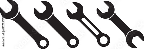 Four Combination Wrenches, Black Silhouette on White Background, Vector Illustration
