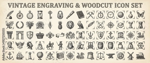 Collection of vintage engravings and woodcut icons featuring various objects and symbols from different themes and subjects