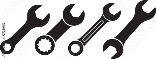 Four Wrenches with Different Head Designs, Black Silhouette on White Background, Vector Illustration