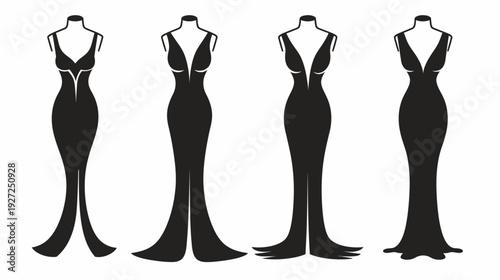Black silhouette images of gowns on dress forms, showcasing varying styles and designs