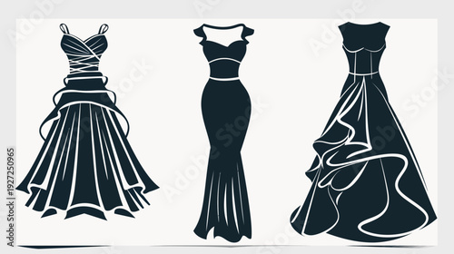 Three elegant evening gowns in black and white silhouette form. Different designs are presented
