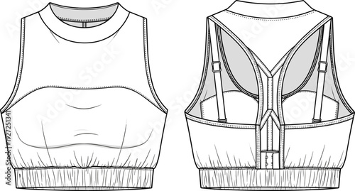 Womens High Neck Athletic Sports Bra CAD Drawing Flat Vector Illustration With Front And Back View Featuring Strappy Racerback Detail