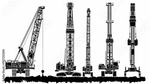 Silhouetted illustration showing various construction vehicles, including cranes and drilling machines